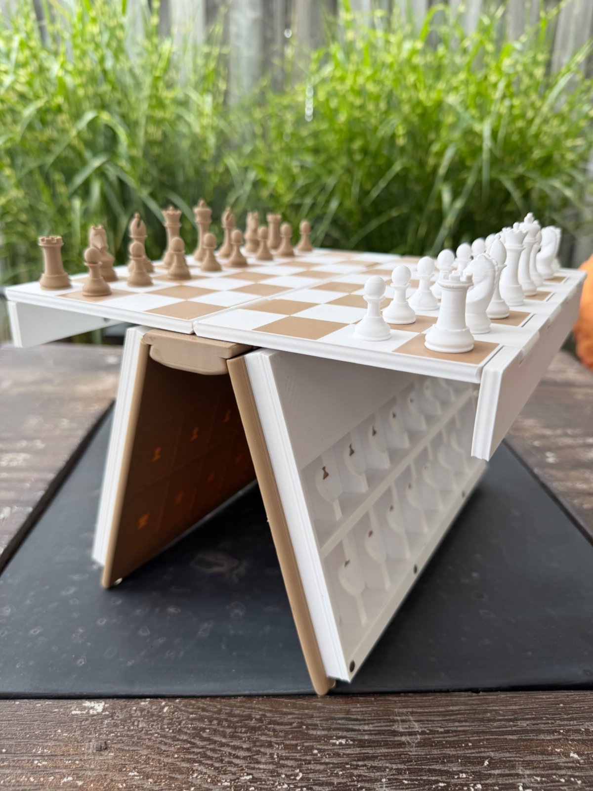 3D printed chessboard with pieces and storage