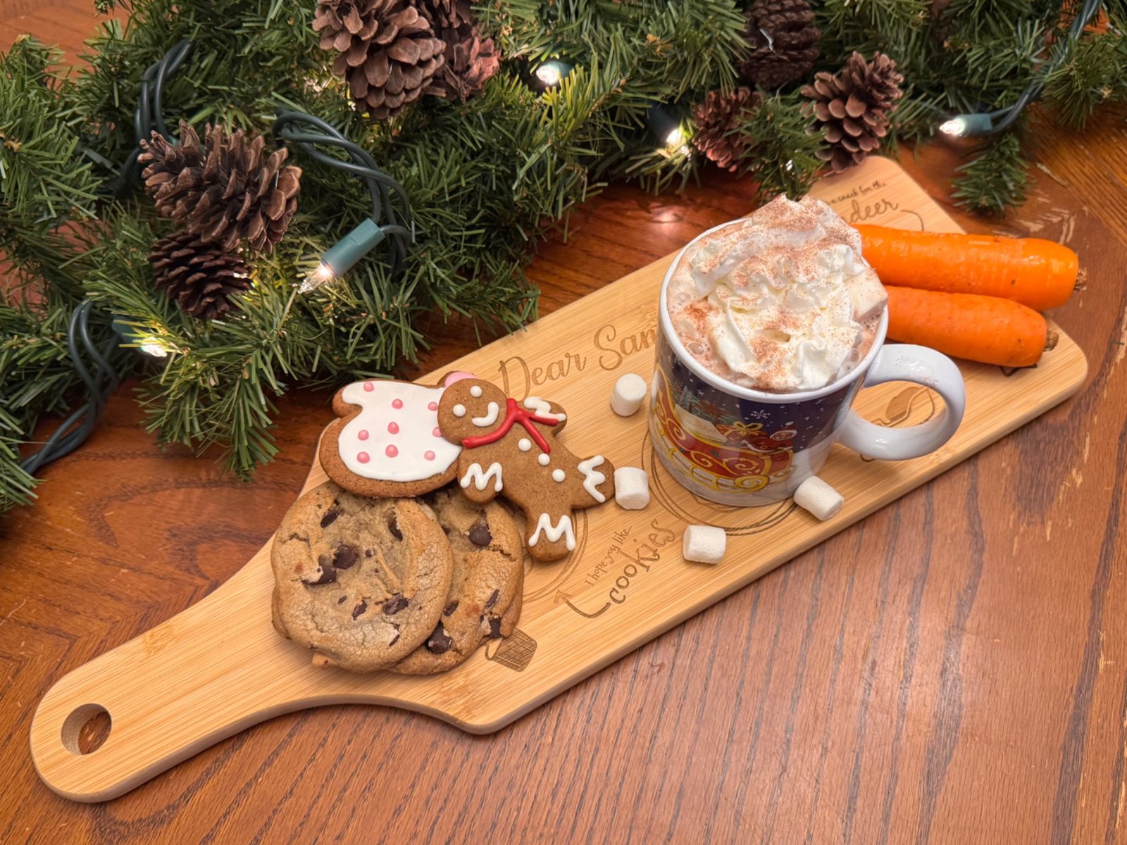 Personalized serving board with festive treats, made by On The Mark